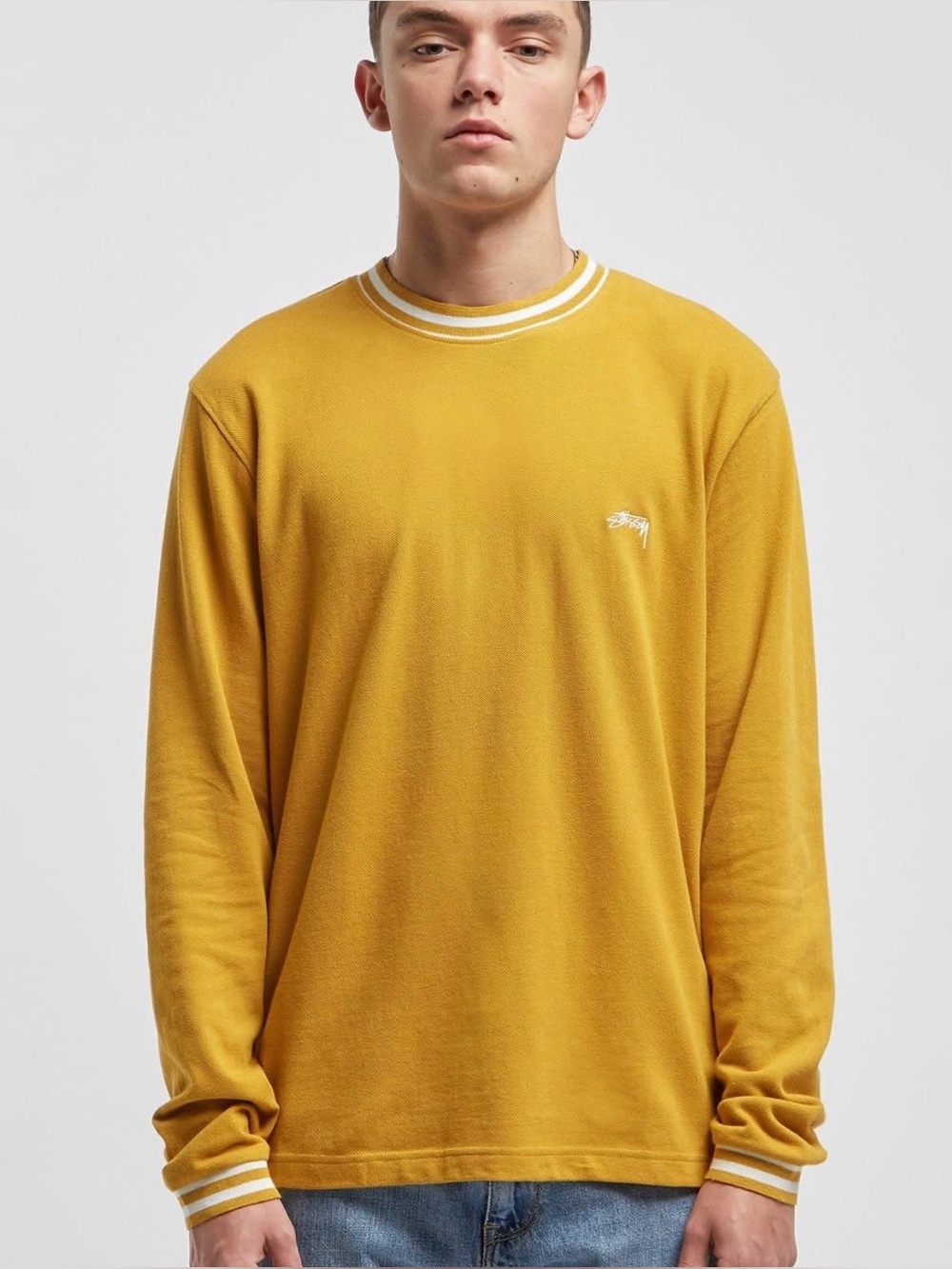 Stussy Men’s Brody Long Sleeve Crewneck Knit Shirt Size Small Mustard Yellow